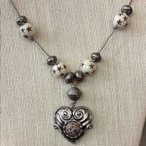 Vintage Silver and Cream Heart Pendant Necklace